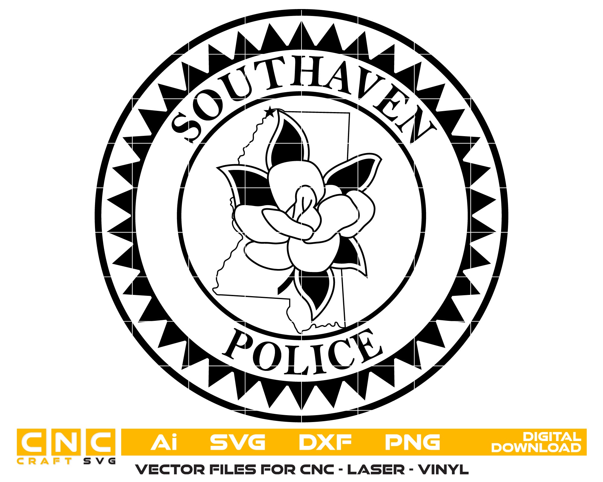 Southaven Police Department Logo SVG

Mississippi Law Enforcement Vector

Magnolia Flower Police Emblem

Officer Plaque Engraving File

Southaven Police Sign CNC File