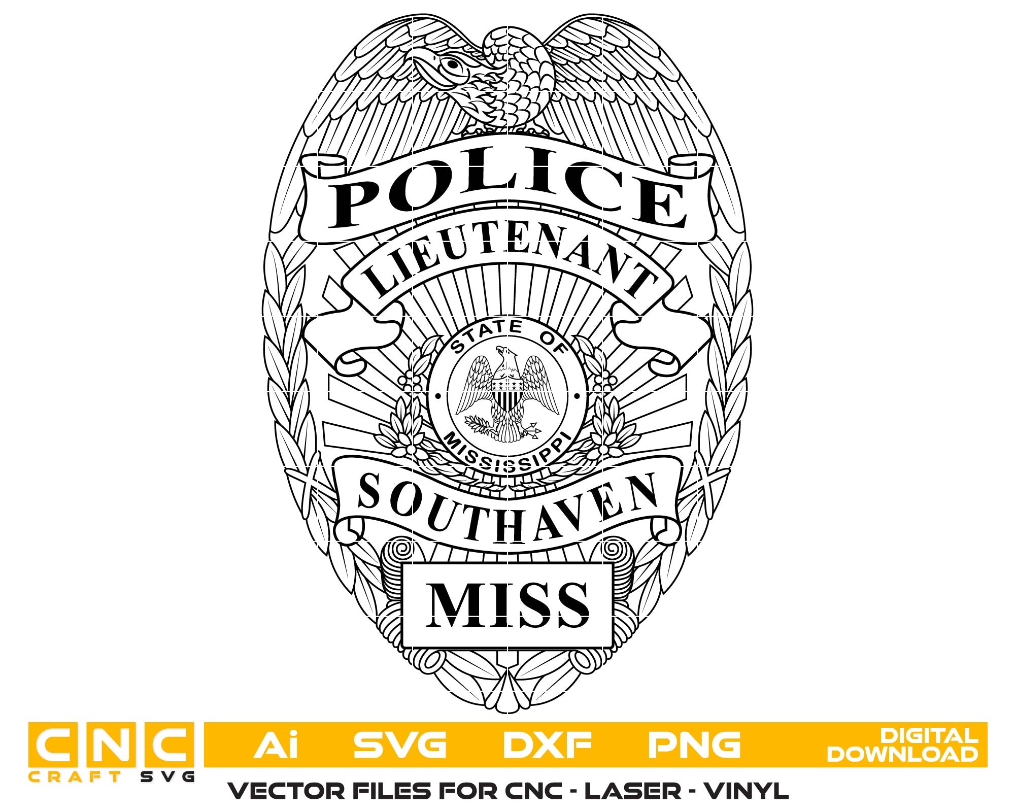 Southaven Police Lieutenant Badge SVG

Mississippi Law Enforcement Vector

Lieutenant Badge Engraving File

Southaven Police Sign CNC File

Police Lieutenant Vector for Laser Cutting