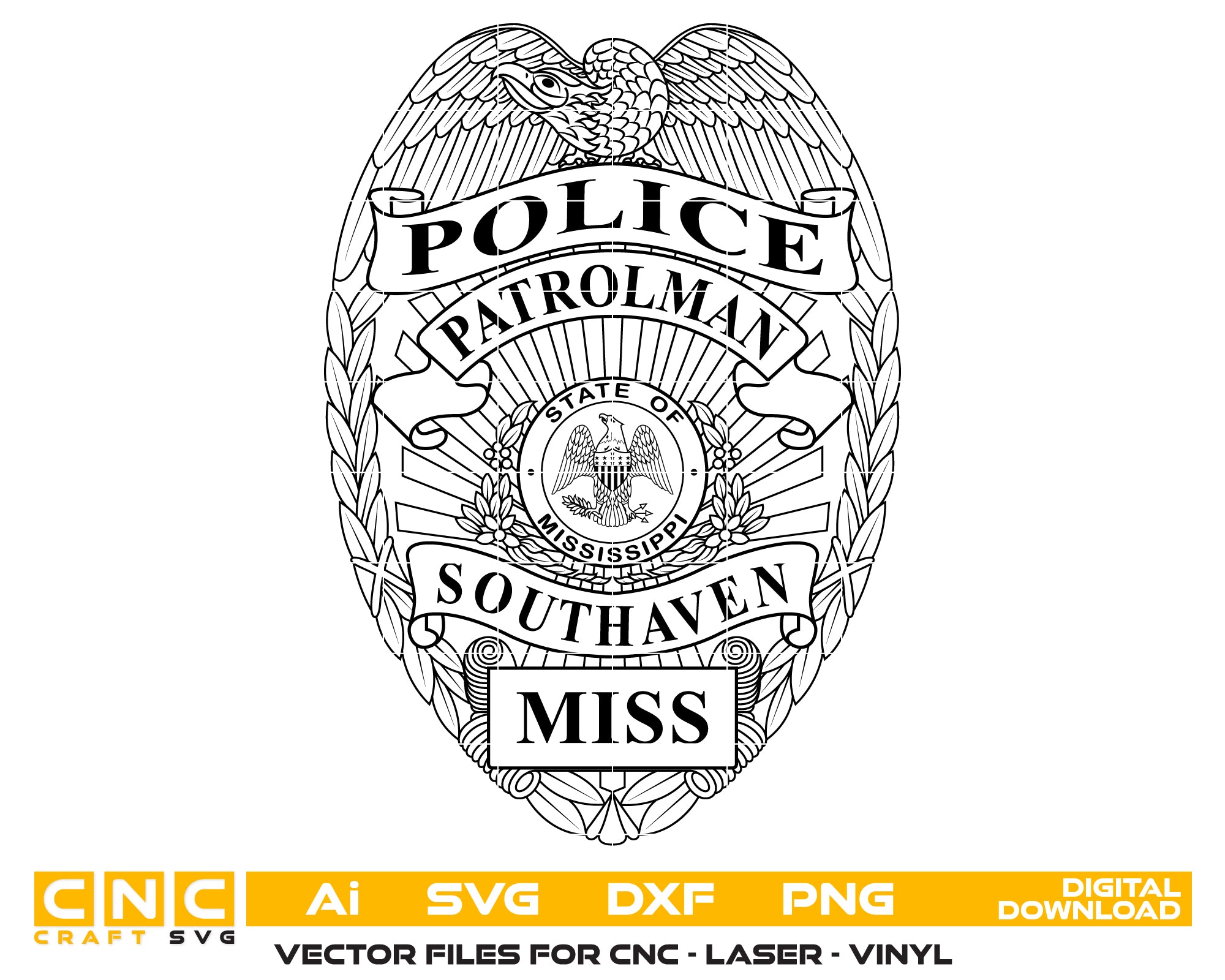 Southaven Police Patrolman Badge SVG

Mississippi Law Enforcement Vector

Police Patrolman Eagle Emblem

Officer Plaque Engraving File

Southaven Police Sign CNC File