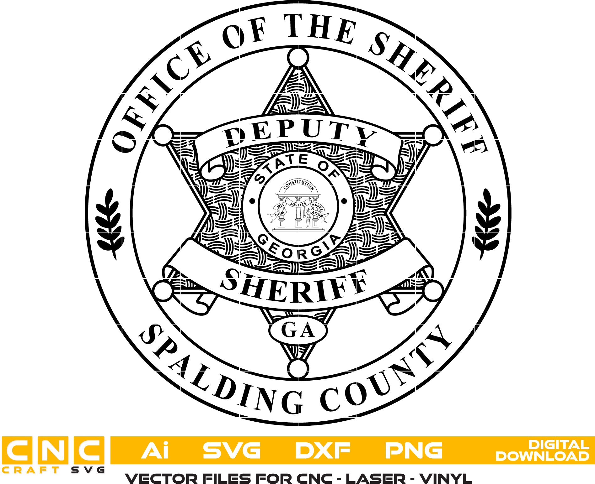 Spalding County GA Deputy Sheriff Badge SVG

Georgia Law Enforcement Circular Vector

State of Georgia Seal Engraving File

5 Point Star Deputy Badge Sign CNC File

Sheriff Department Vector for Lasers