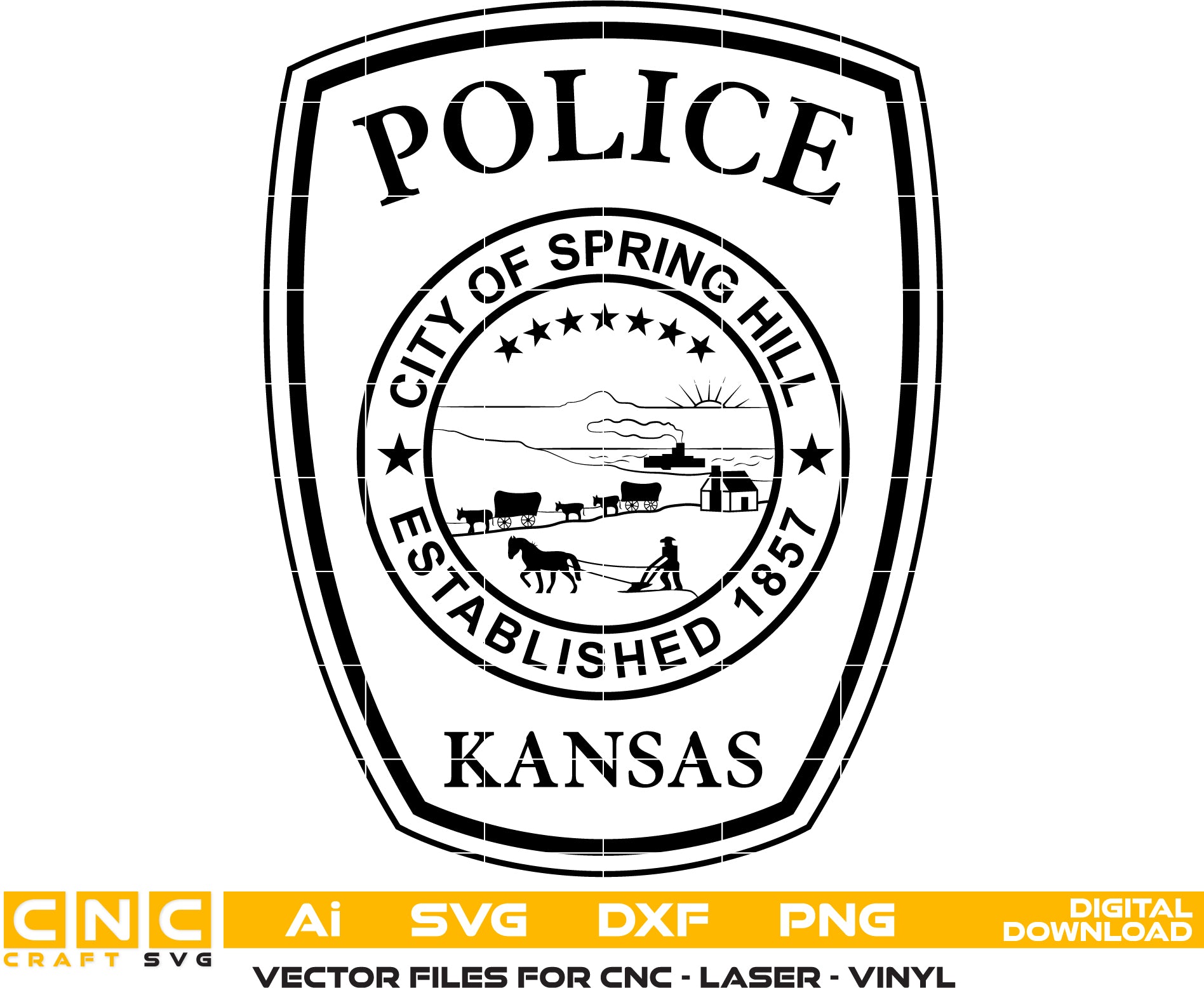 Spring Hill Police Patch SVG

Kansas Law Enforcement Vector Design

Pioneer Scene Seal Engraving File

Spring Hill KS Police Sign CNC File

Police Shield Patch Vector for Laser Cutting