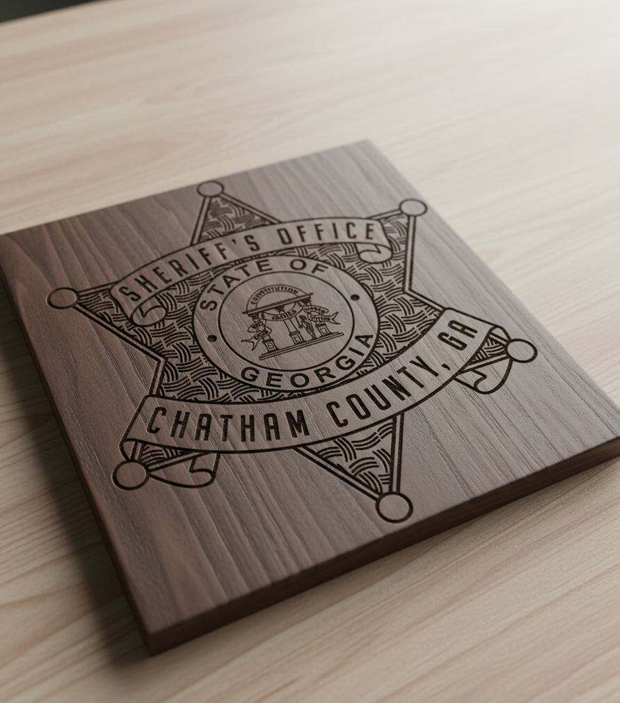 Chatham County Georgia Sheriff SVG

Georgia State Star Badge Vector Design

Chatham County GA PD Emblem for CNC Engraving

Sheriff Office Badge SVG for Laser Cut

GA Law Enforcement Badge Vector
