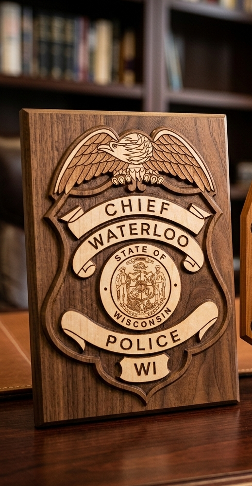 Waterloo Wisconsin Police Chief Badge SVG

Wisconsin Police Badge Vector Design

Waterloo PD Emblem for CNC Engraving

Chief of Police Badge SVG for Laser Cut

WI Law Enforcement Badge Vector