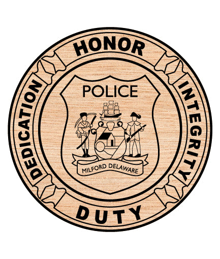 Milford Police Department Badge SVG

Delaware Law Enforcement Vector Design

State of Delaware Coat of Arms Police Emblem

Circular Police Shield Engraving File

Milford DE Police Sign CNC File