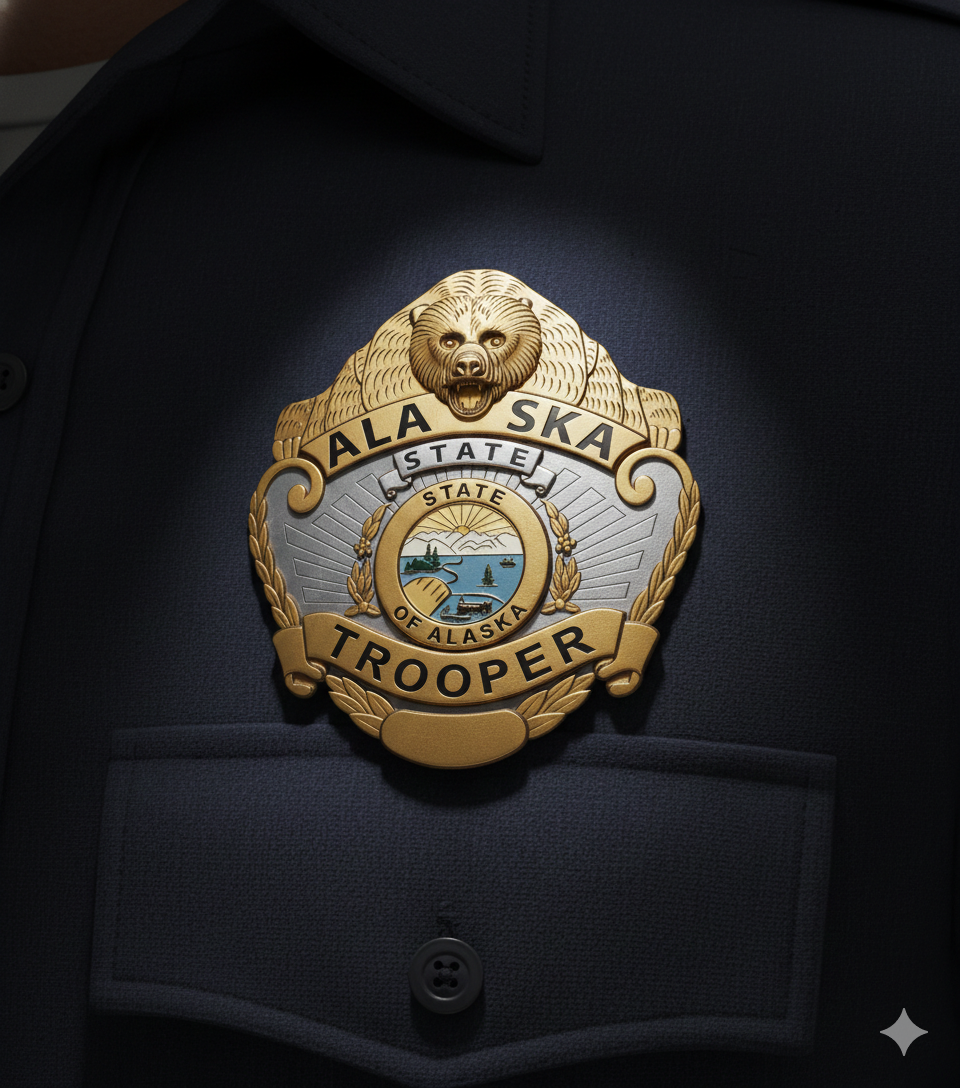 Alaska State Trooper Badge SVG

Alaska Police Bear Emblem Vector

State Trooper Badge with Bear Crest

Alaska Law Enforcement Shield Design

Trooper Badge CNC Vector File