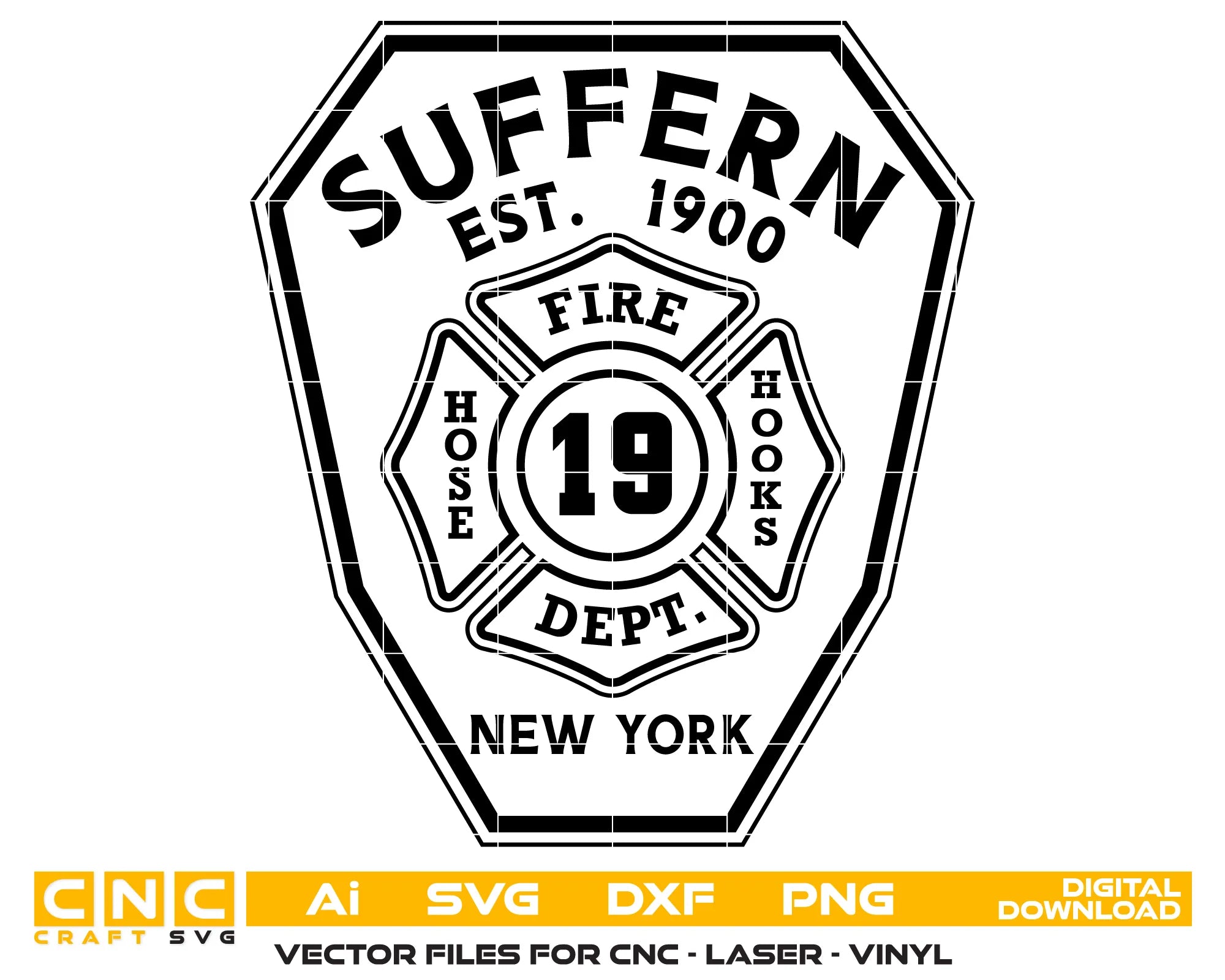 Suffern Fire Department Badge SVG

New York Firefighter Vector

Maltese Cross Shield Emblem

Firefighter Plaque Engraving File

Suffern Fire Sign CNC File