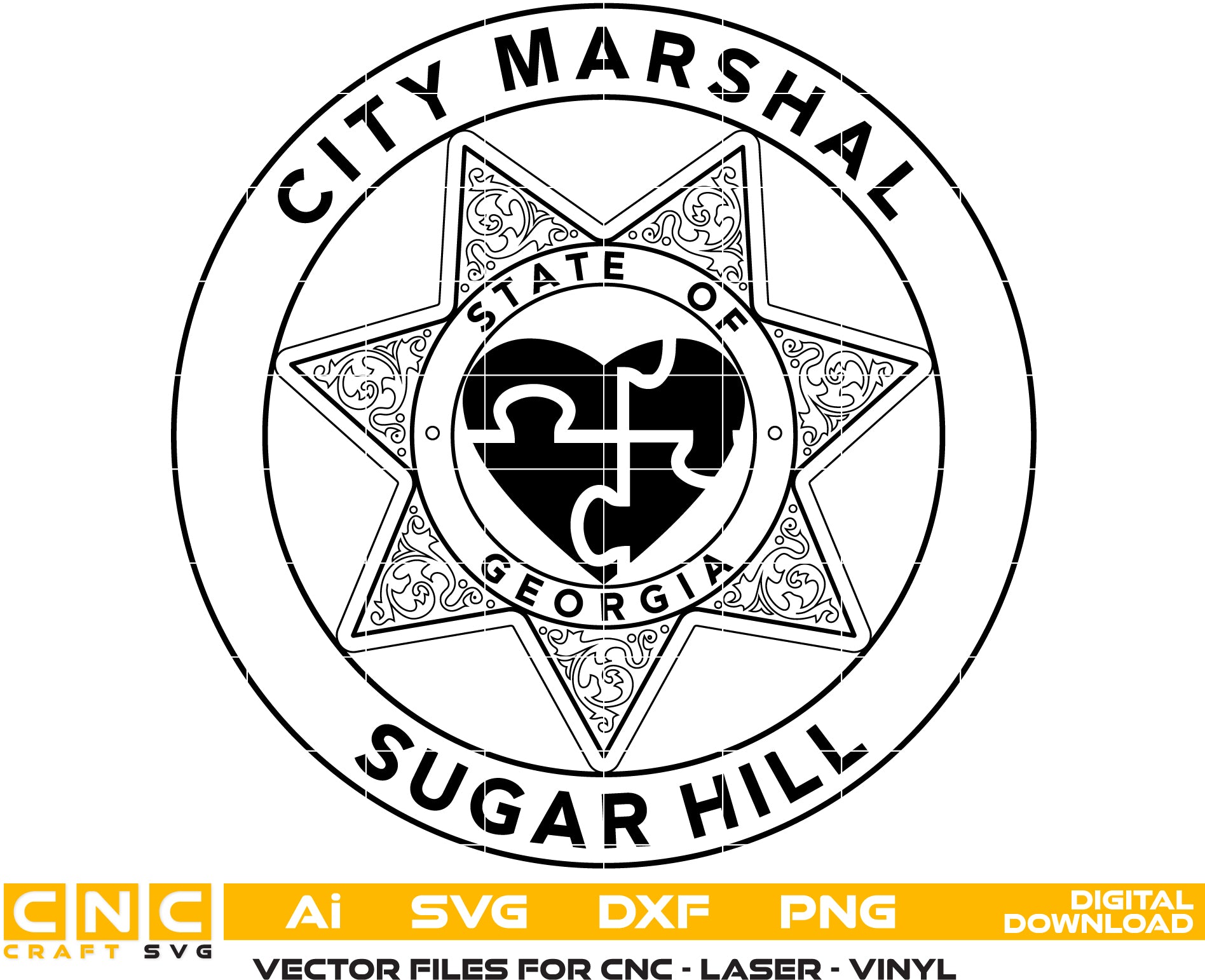 Sugar Hill City Marshal Badge SVG

Georgia Law Enforcement Vector Design

5-Point Star Marshal Badge Engraving File

Sugar Hill GA Marshal Sign CNC File

Puzzle Heart Badge Vector for Laser Cutting