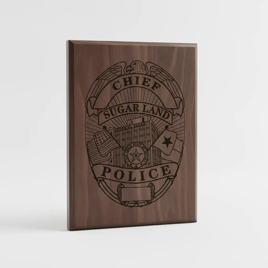 Sugar Land TX Police Chief Badge SVG

Texas Law Enforcement Shield Vector

Imperial Sugar Building Engraving File

Eagle Topped Police Badge Sign CNC File

Blank Plate Chief Shield Vector for Lasers
