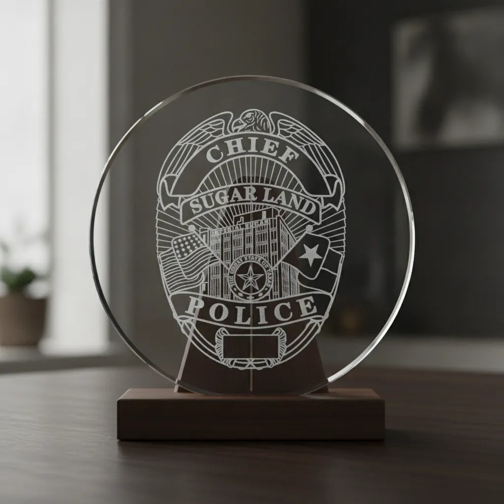 Sugar Land TX Police Chief Badge SVG

Texas Law Enforcement Shield Vector

Imperial Sugar Building Engraving File

Eagle Topped Police Badge Sign CNC File

Blank Plate Chief Shield Vector for Lasers