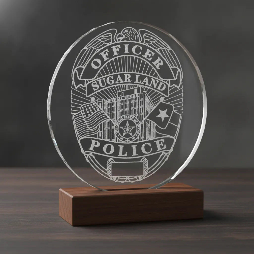 Sugar Land TX Police Officer Badge SVG

Texas Law Enforcement Shield Vector

Imperial Sugar Building Engraving File

Eagle Topped Officer Badge Sign CNC File

Blank Plate Police Shield Vector for Lasers