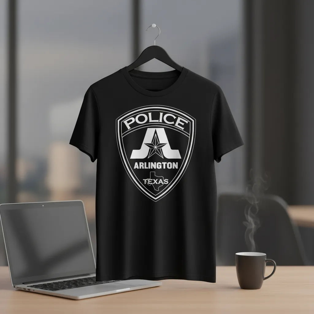 High-detail vector line art of the "Texas Arlington Police Badge.jpg" featuring a shield badge with a large stylized letter A, a lone star, and the Texas state map.