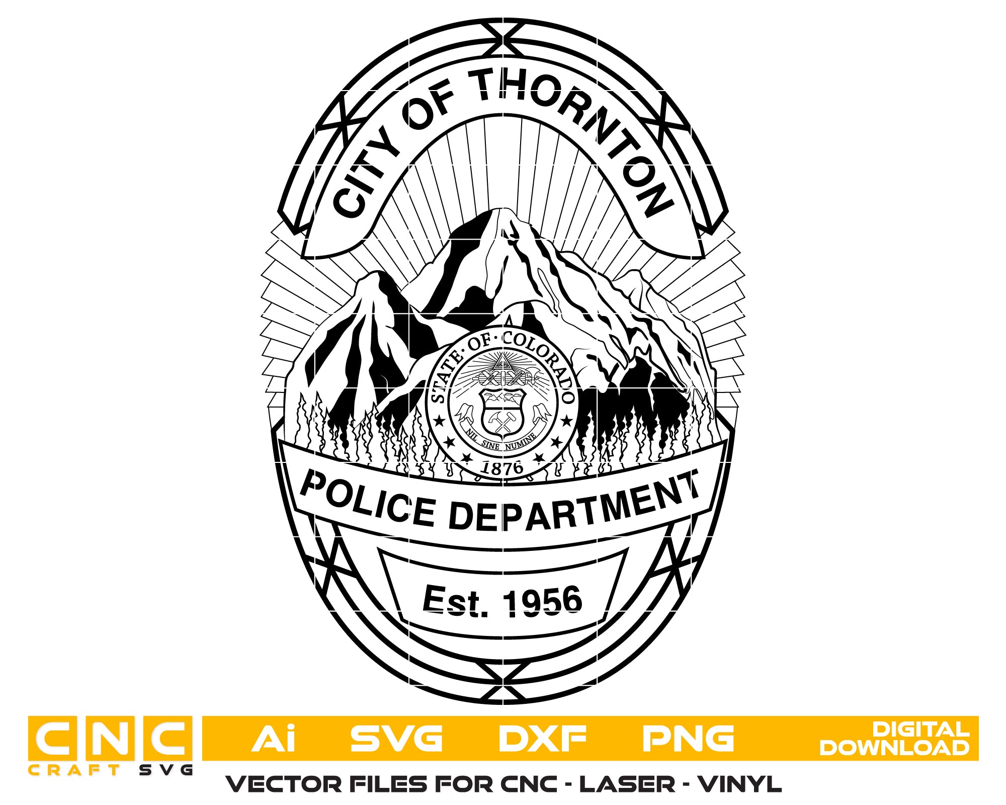 Thornton CO Police Department Badge SVG

Colorado Law Enforcement Shield Vector

State of Colorado Seal Engraving File

Rocky Mountains Police Badge Sign CNC

Police Shield Vector for Laser Engraving