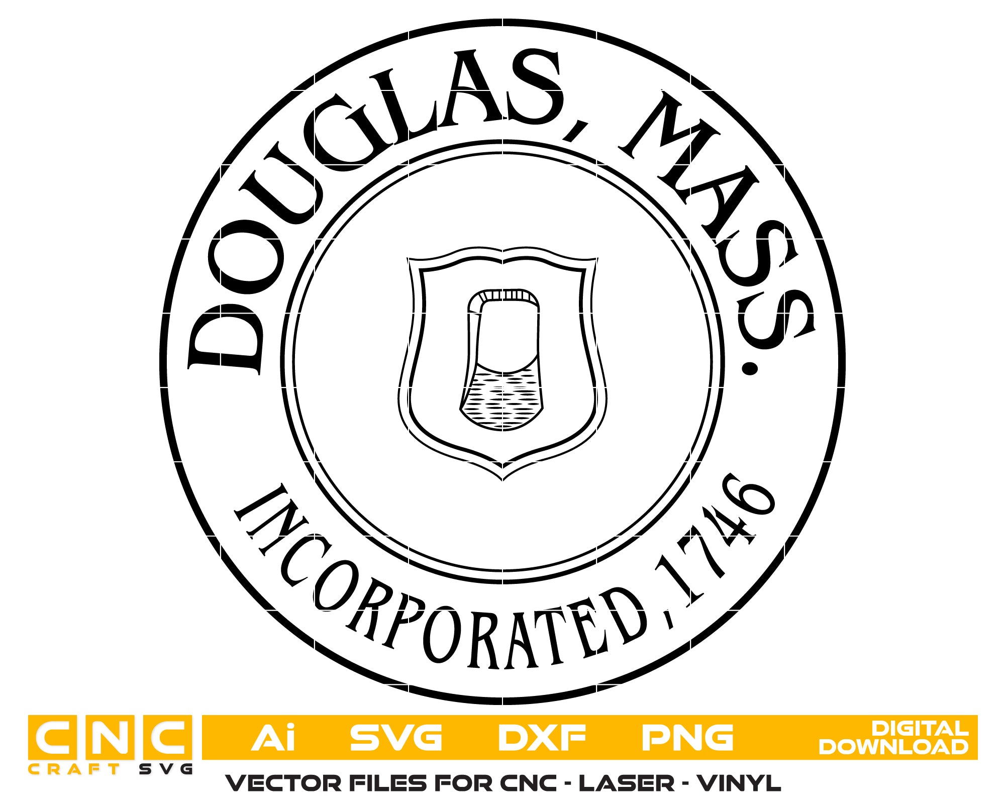 Town of Douglas MA Seal SVG

Massachusetts Municipal Seal Vector

Historic Axe Head Shield Engraving File

Douglas Mass Incorporated 1746 CNC File

Town Civic Logo Vector for Lasers