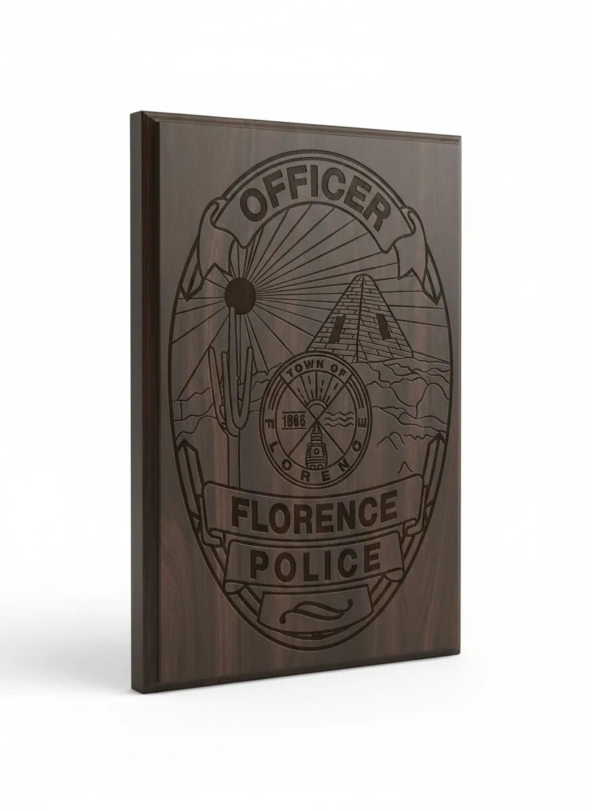 Town of Florence Police Badge SVG

Arizona Law Enforcement Vector Design

Desert Scene Oval Badge Engraving File

Florence AZ Police Sign CNC File

Police Officer Badge Vector for Laser Cutting