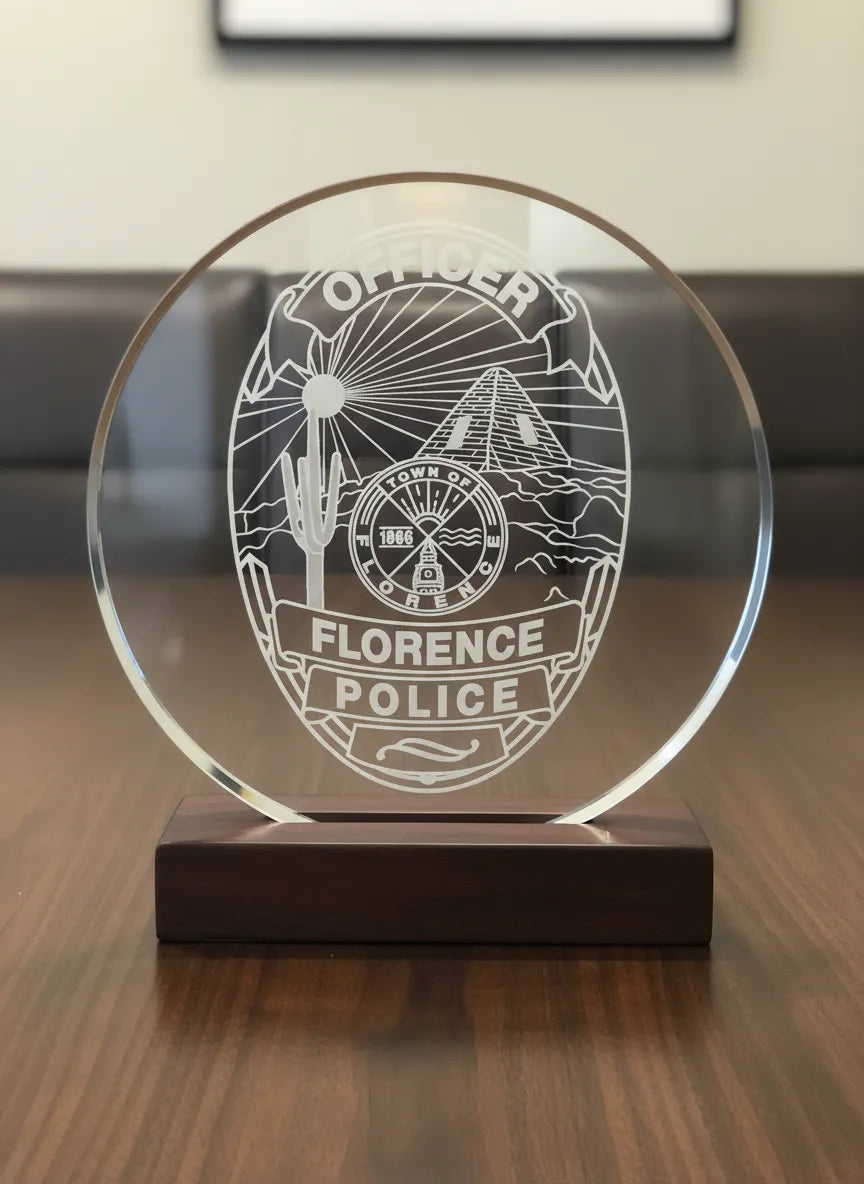 Town of Florence Police Badge SVG

Arizona Law Enforcement Vector Design

Desert Scene Oval Badge Engraving File

Florence AZ Police Sign CNC File

Police Officer Badge Vector for Laser Cutting