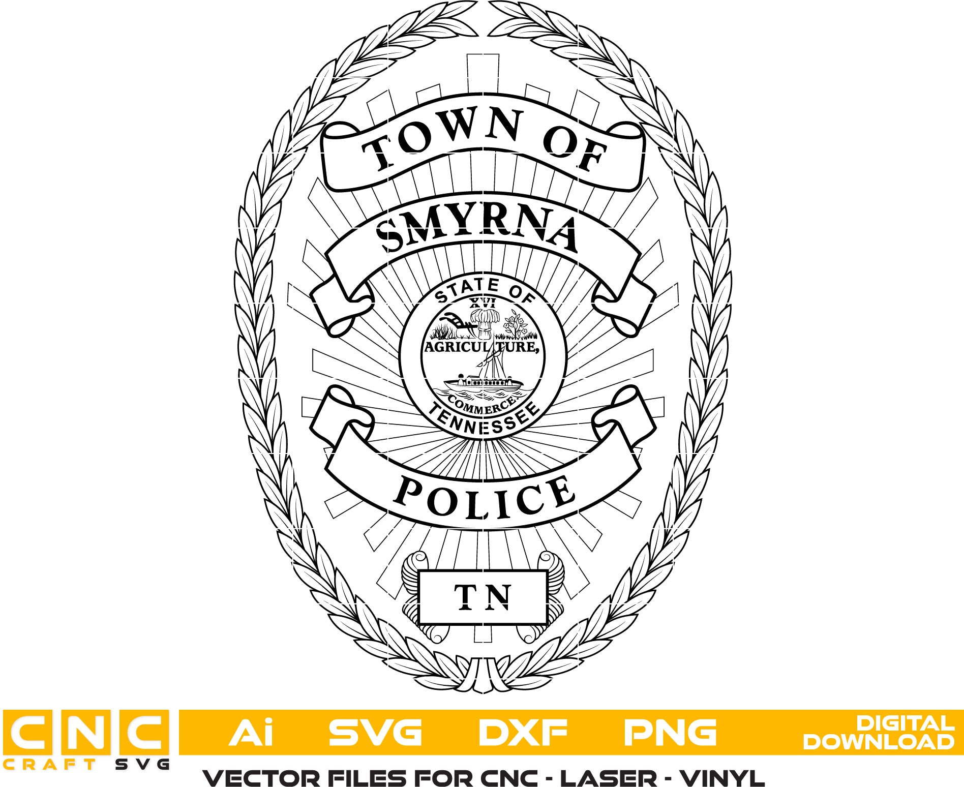 Town of Smyrna TN Police Department Badge SVG

Tennessee Law Enforcement Shield Vector

State of Tennessee Seal Engraving File

Laurel Wreath Police Badge Sign CNC File

Police Shield Vector for Laser Engraving