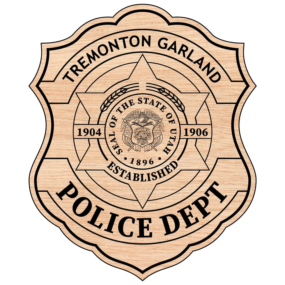 Tremonton Garland Police Badge SVG

Utah Law Enforcement Vector

Police Shield 6-Point Star Emblem

Officer Plaque Engraving File

Tremonton Garland Police Sign CNC