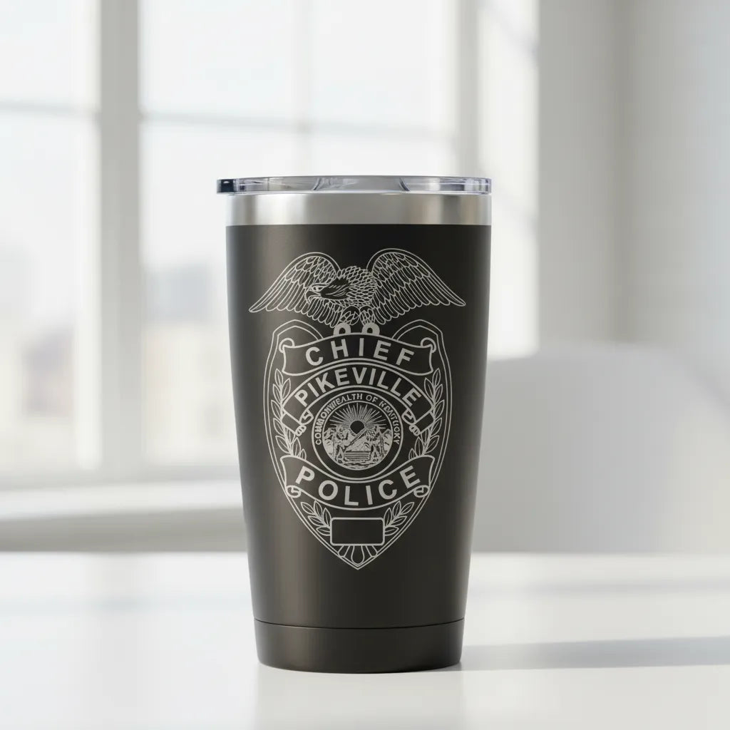 Stainless steel tumbler with Chief Pikeville Police emblem on a white surface.