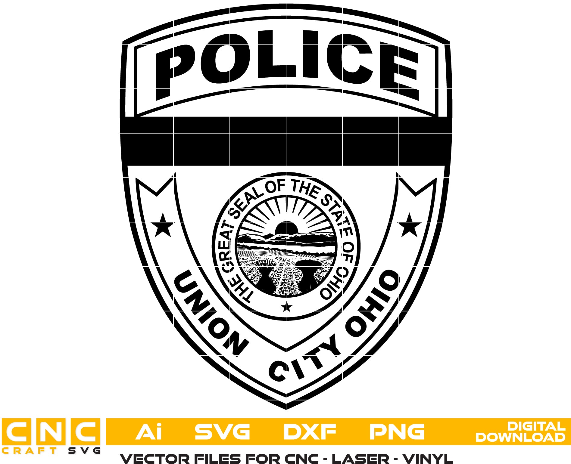 Union City Ohio Police Patch SVG

Ohio Law Enforcement Vector Design

State of Ohio Seal Patch Engraving File

Union City OH Police Sign CNC File

Shield Patch Vector for Laser Cutting