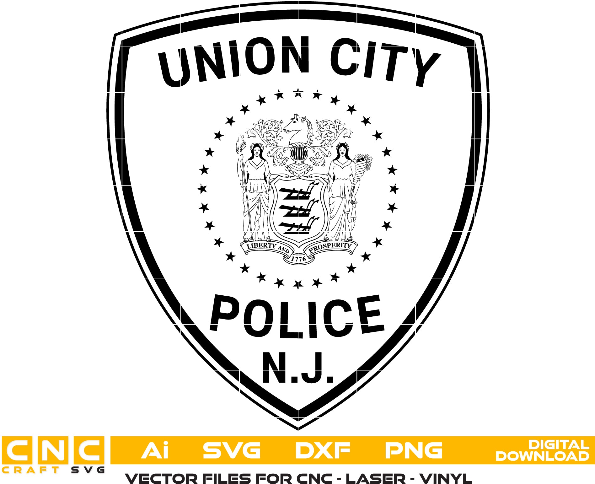 Union City Police Badge SVG

New Jersey Law Enforcement Vector Design

Police Shield Badge Engraving File

Union City NJ Police Sign CNC File

State of New Jersey Seal Vector for Laser Cutting