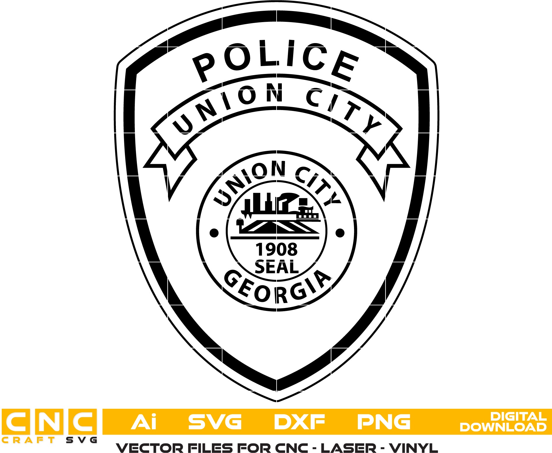 Union City Police Patch SVG

Georgia Law Enforcement Vector Design

Police Shield Patch Engraving File

Union City GA Police Sign CNC File

1908 City Seal Vector for Laser Cutting