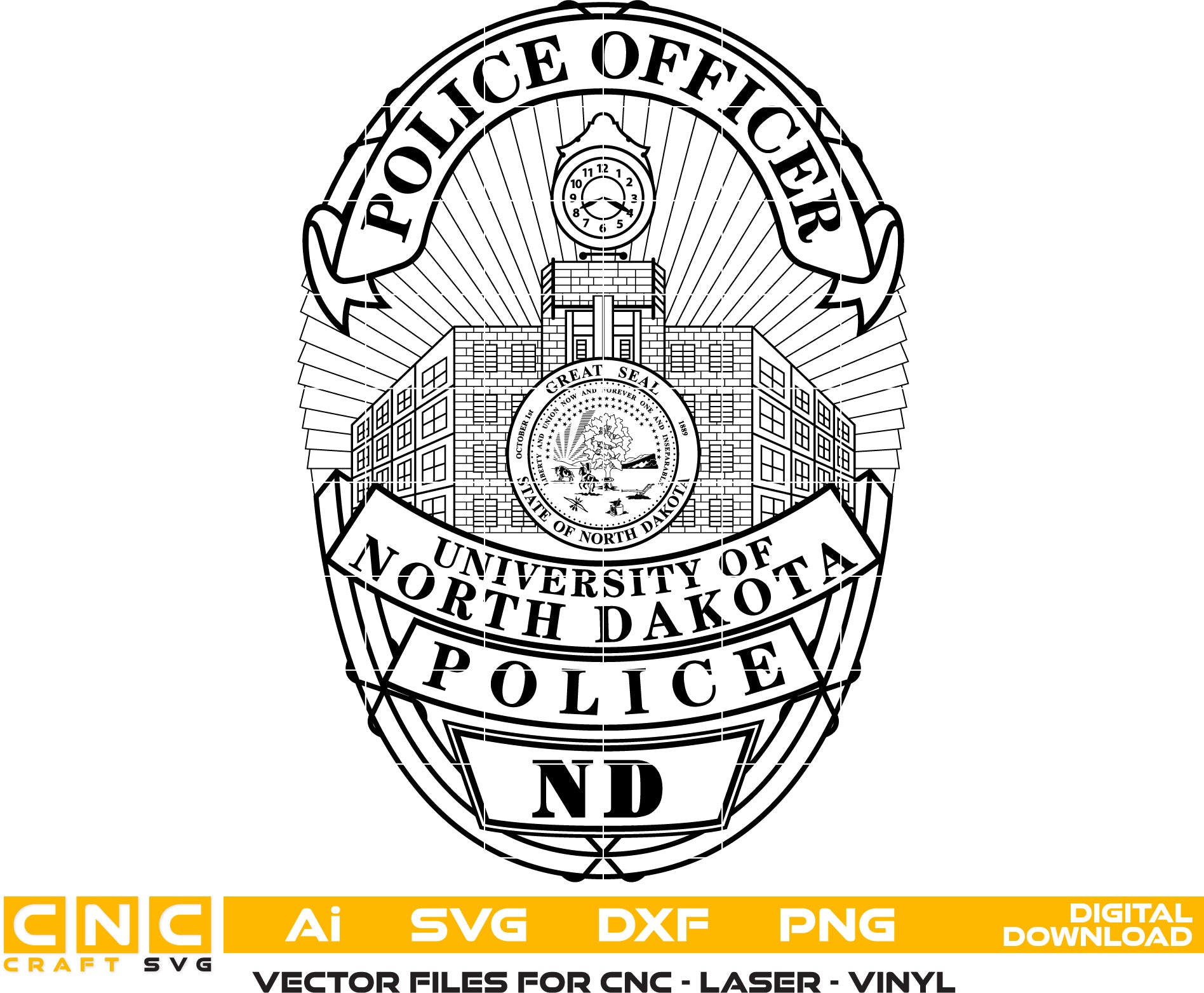 University of North Dakota Police Badge SVG

ND Campus Law Enforcement Vector Design

Eagle Oval Police Badge Engraving File

UND Police Sign CNC Vector File

North Dakota State Seal Vector for Laser Cutting
