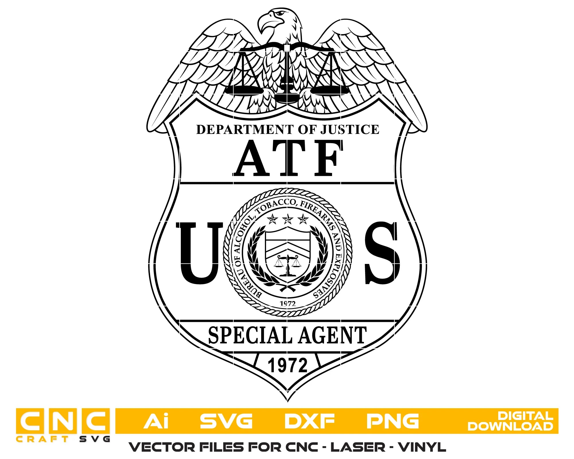 US ATF Special Agent Badge SVG

Federal Law Enforcement Vector

DOJ Eagle Shield Emblem

Agent Plaque Engraving File

ATF Badge Sign CNC File
