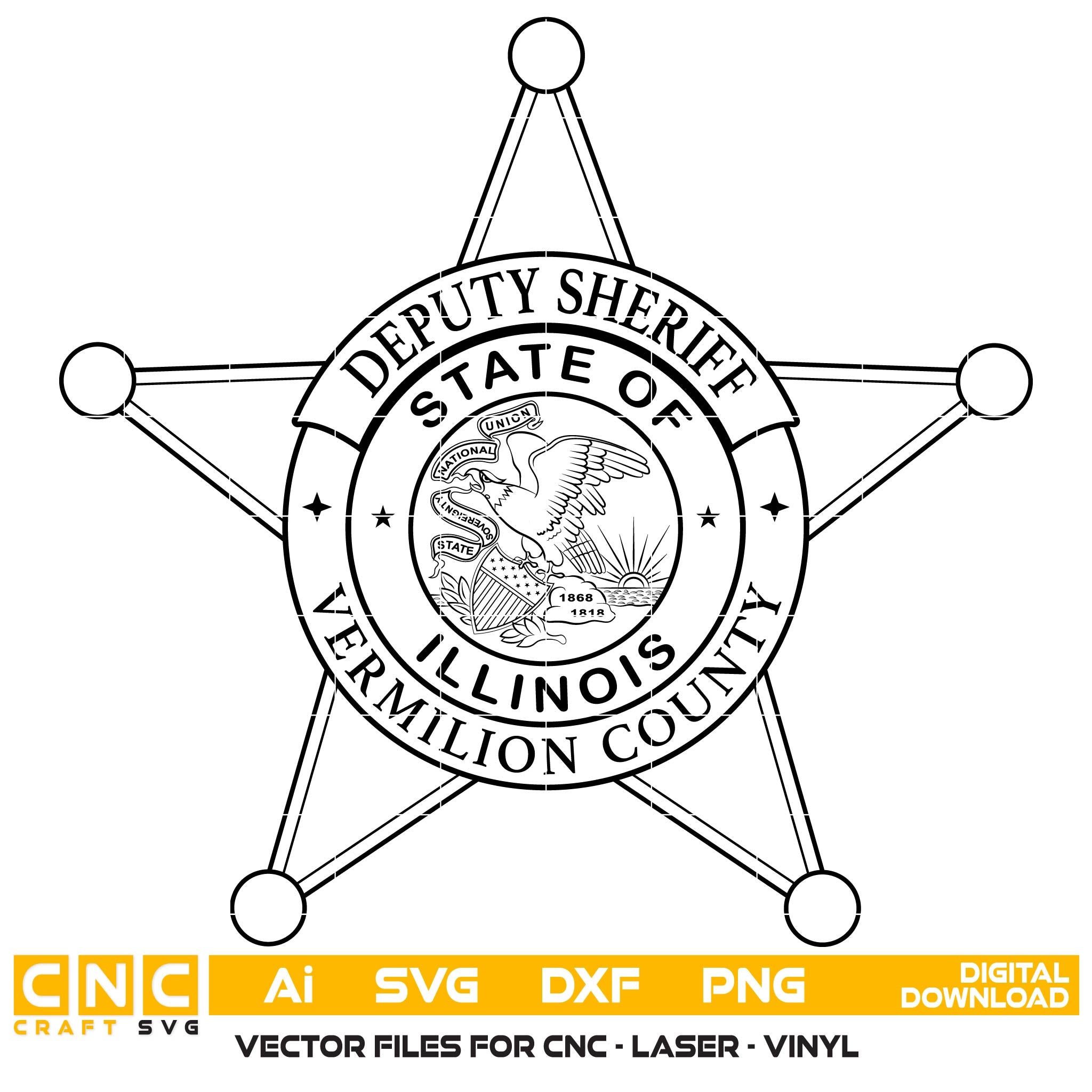 Vermilion County Deputy Sheriff Badge SVG

Illinois Law Enforcement 5 Point Star Vector

State of Illinois Seal Engraving File

Vermilion County Deputy Sign CNC File

Deputy Sheriff Badge Vector for Lasers