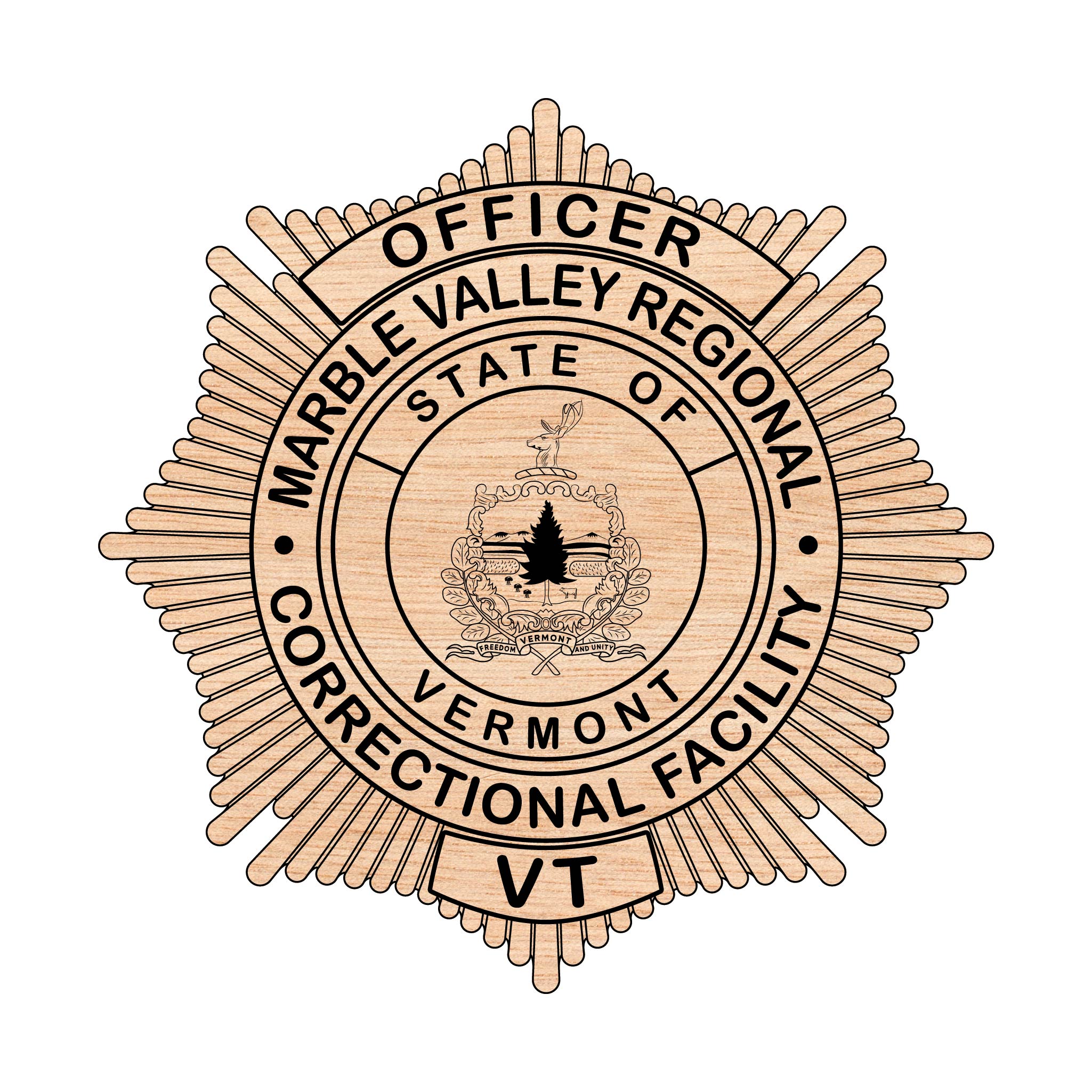 Marble Valley Regional Corrections Officer Badge SVG

Vermont Law Enforcement Vector Design

Corrections Officer Badge Engraving File

Marble Valley Corrections Sign CNC File

Eagle Shield Badge Vector for Laser Cutting