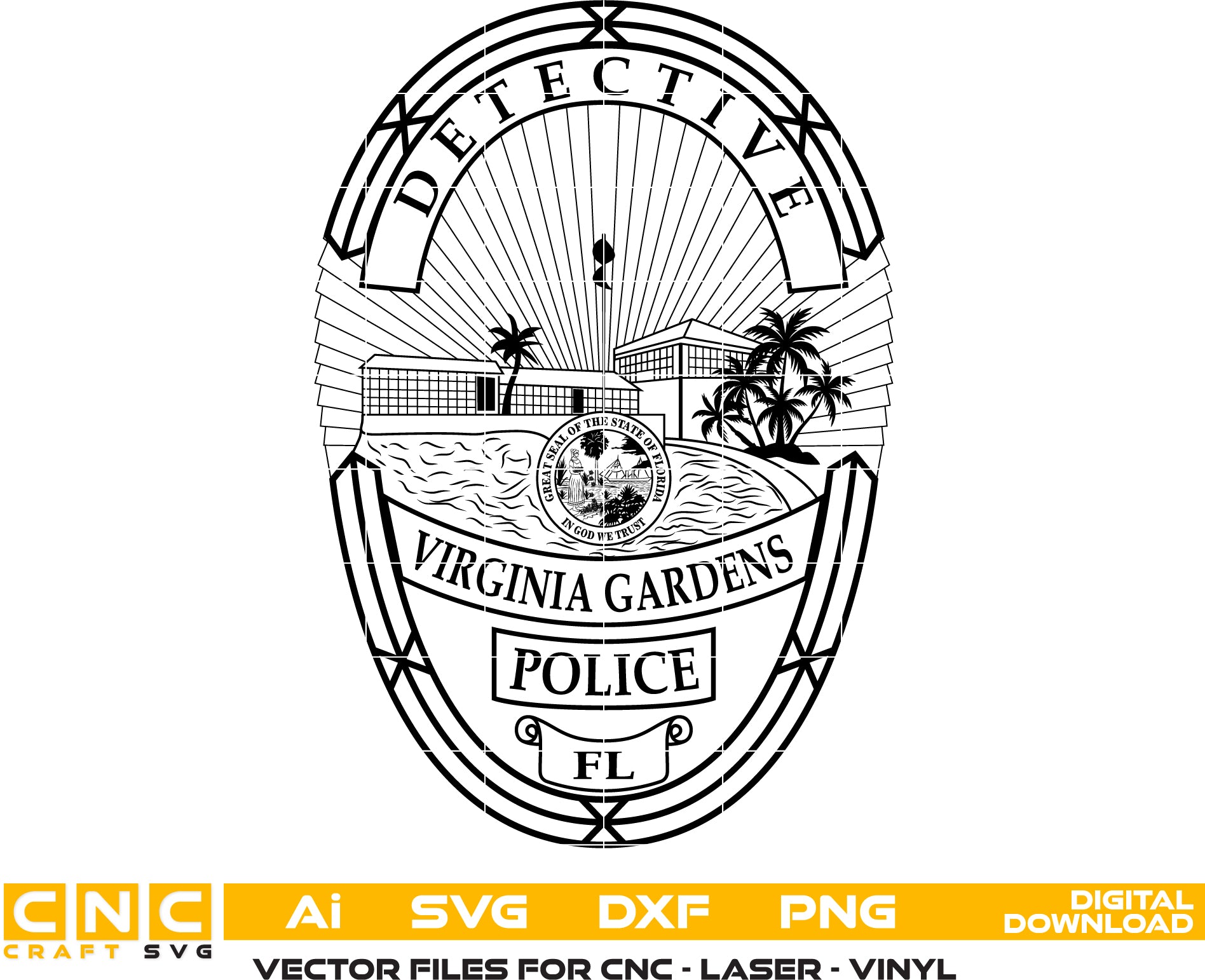 Virginia Gardens Police Detective Badge SVG

Florida Law Enforcement Vector Design

Tropical Police Badge Engraving File

Virginia Gardens FL Sign CNC File

State of Florida Seal Vector for Laser Cutting