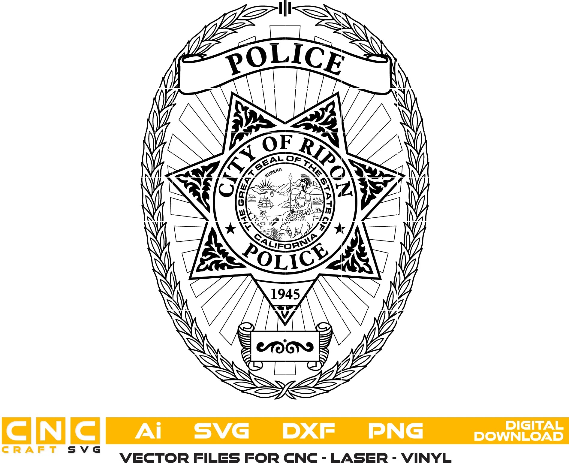 Ripon Police Badge SVG

California Law Enforcement Vector

5-Point Star Oval Police Emblem

Officer Plaque Engraving File

Ripon Police Sign CNC File