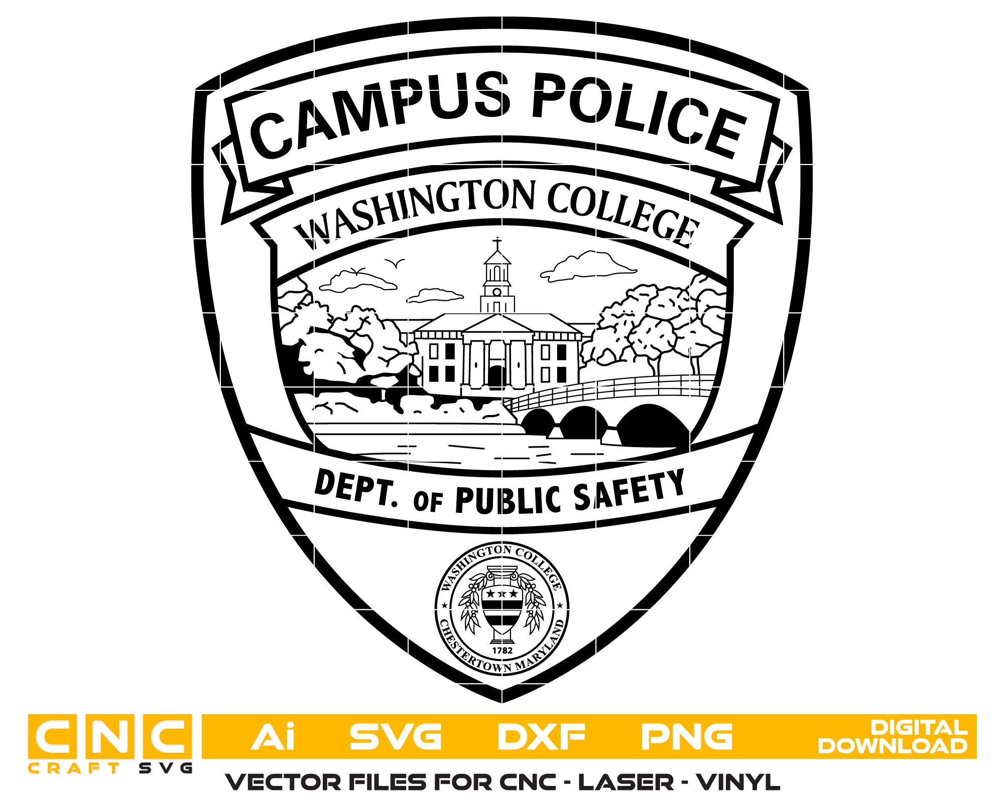 Washington College Campus Police SVG

University Public Safety Shield Vector

College Campus Scenic Engraving File

Campus Police Badge Sign CNC File

Dept of Public Safety Vector for Lasers