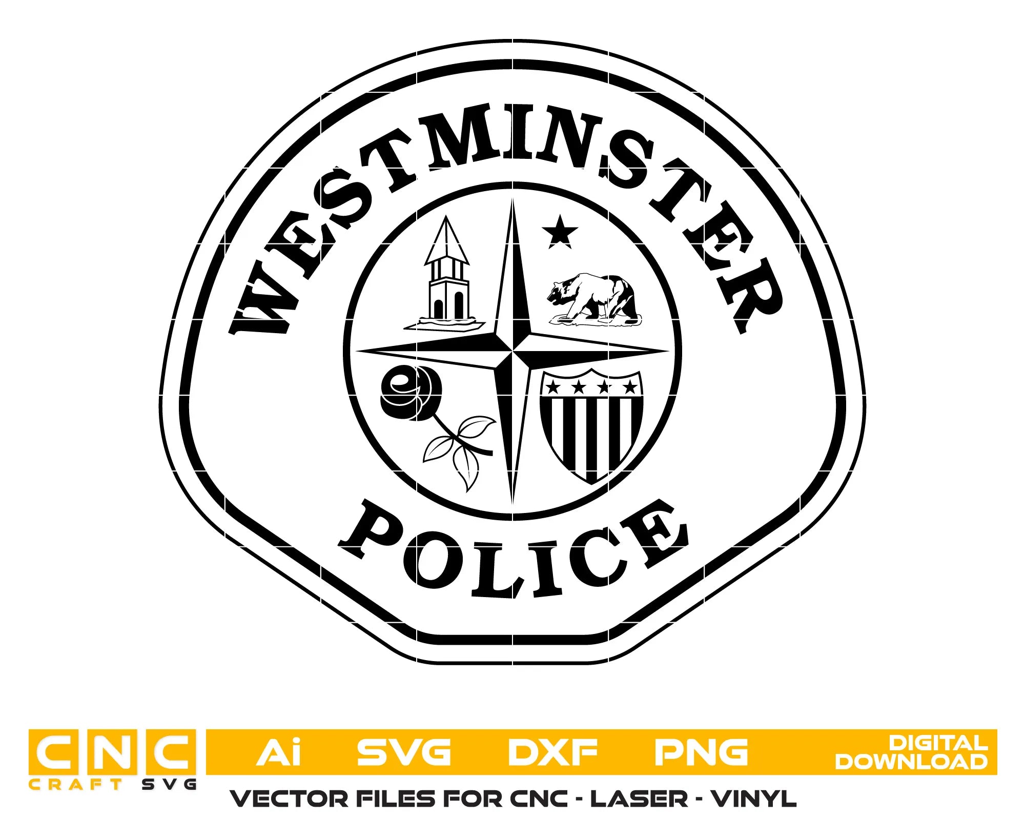 Westminster Police Badge SVG

Law Enforcement Vector

Police Rounded Shield Emblem

Officer Plaque Engraving File

Westminster Police Sign CNC File