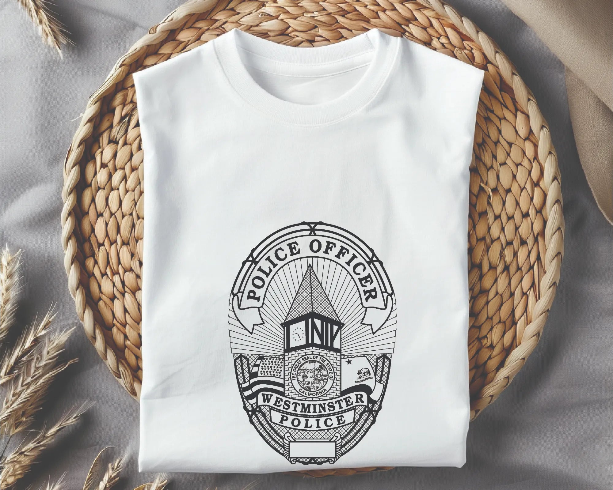 Westminster Police Officer Badge SVG

California Law Enforcement Vector

Police Oval Badge Clock Tower Emblem

Officer Plaque Engraving File

Westminster Police Sign CNC File