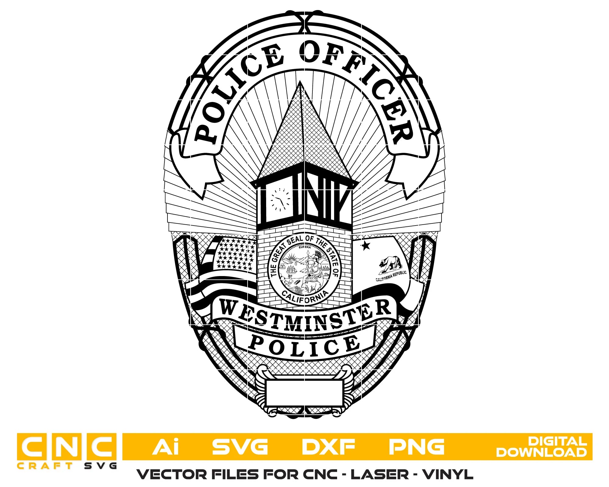 Westminster Police Officer Badge SVG

California Law Enforcement Vector

Police Oval Badge Clock Tower Emblem

Officer Plaque Engraving File

Westminster Police Sign CNC File