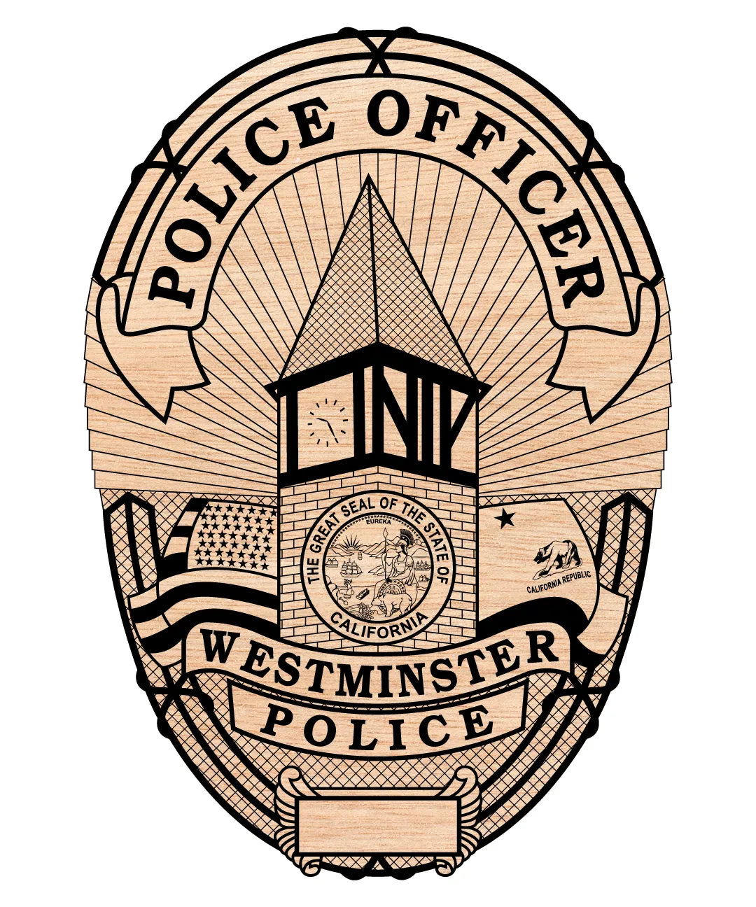 Westminster Police Officer Badge SVG

California Law Enforcement Vector

Police Oval Badge Clock Tower Emblem

Officer Plaque Engraving File

Westminster Police Sign CNC File