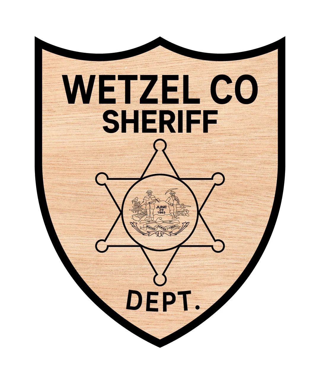 Wetzel County Sheriff Patch SVG

West Virginia Law Enforcement Vector

Sheriff Shield 6-Point Star Emblem

Deputy Plaque Engraving File

Wetzel County Sheriff Sign CNC File