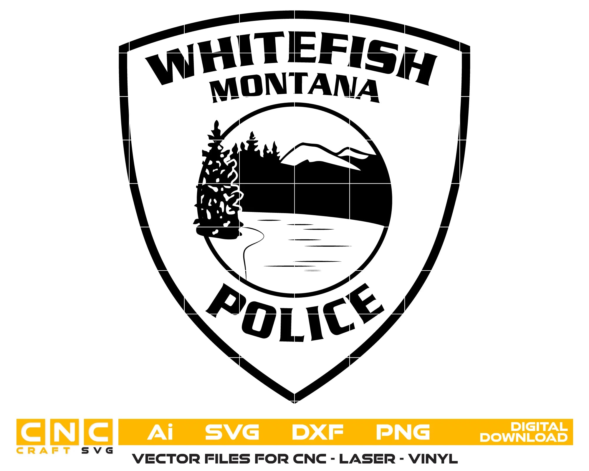Whitefish Montana Police Logo SVG

Montana Law Enforcement Vector Design

Mountain and Lake Shield Engraving File

Whitefish MT Police Sign CNC File

Scenic Police Patch Vector for Laser Cutting