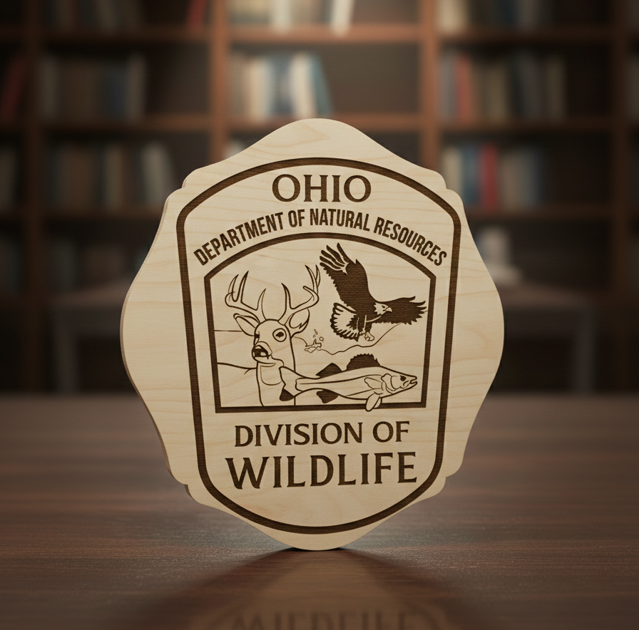 Ohio DNR Division of Wildlife Badge SVG

Department of Natural Resources Vector Design

Eagle Deer and Fish Conservation Emblem

Wildlife Officer Sign Engraving File

Ohio Wildlife Badge CNC Router File