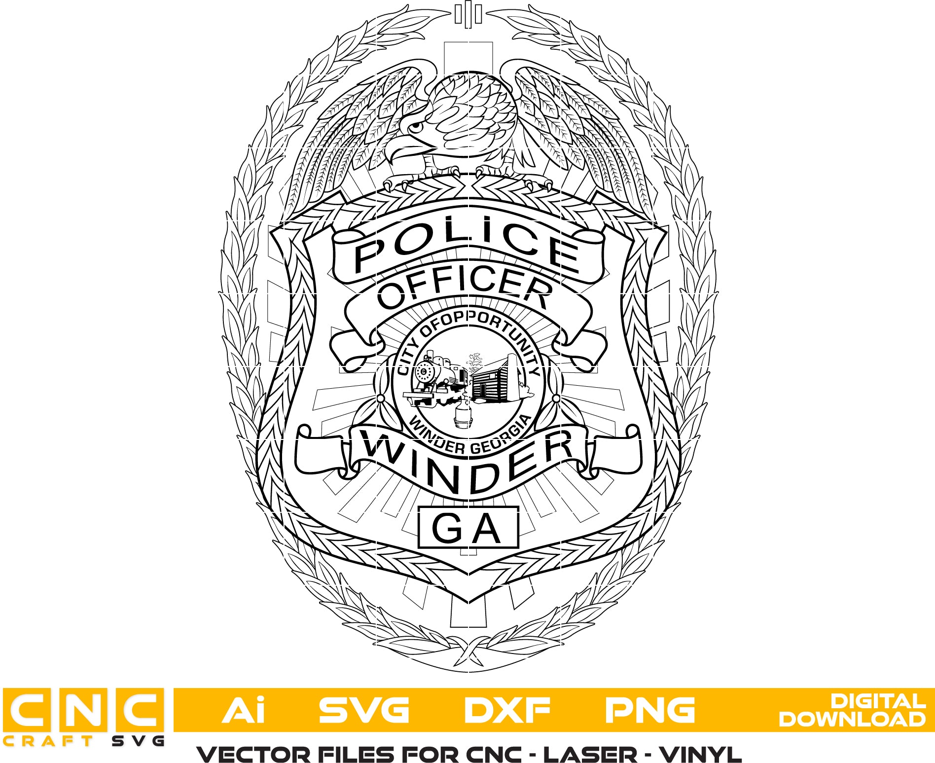 Winder GA Police Officer Badge SVG

Georgia Law Enforcement Shield Vector

City of Opportunity Seal Engraving File

Eagle Wreath Police Badge Sign CNC File

Police Shield Vector for Laser Engraving