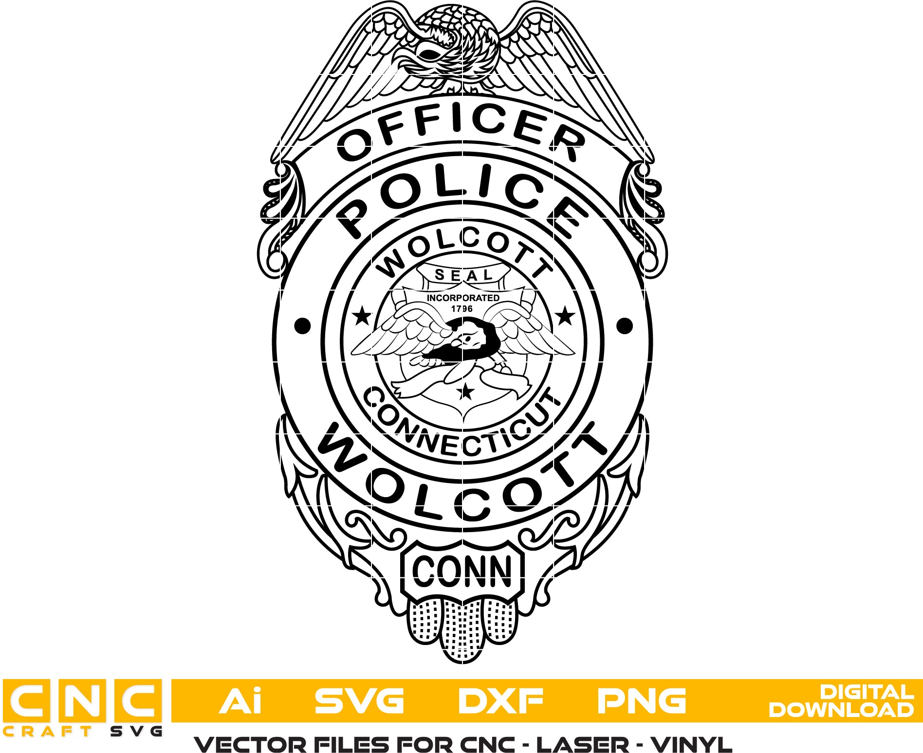 Wolcott Police Officer Badge SVG

Connecticut Law Enforcement Vector Design

Eagle Shield Police Badge Engraving File

Town of Wolcott CT Sign CNC File

Wolcott Seal Vector for Laser Cutting