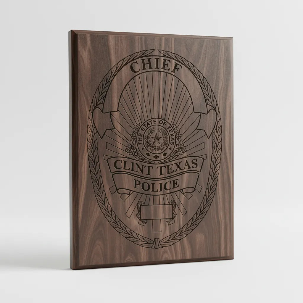 Clint Texas Police Chief Badge SVG

Texas Law Enforcement Vector Design

Police Chief Badge Engraving File

Clint Police Sign CNC File

Oval Sunburst Badge Vector for Laser Cutting