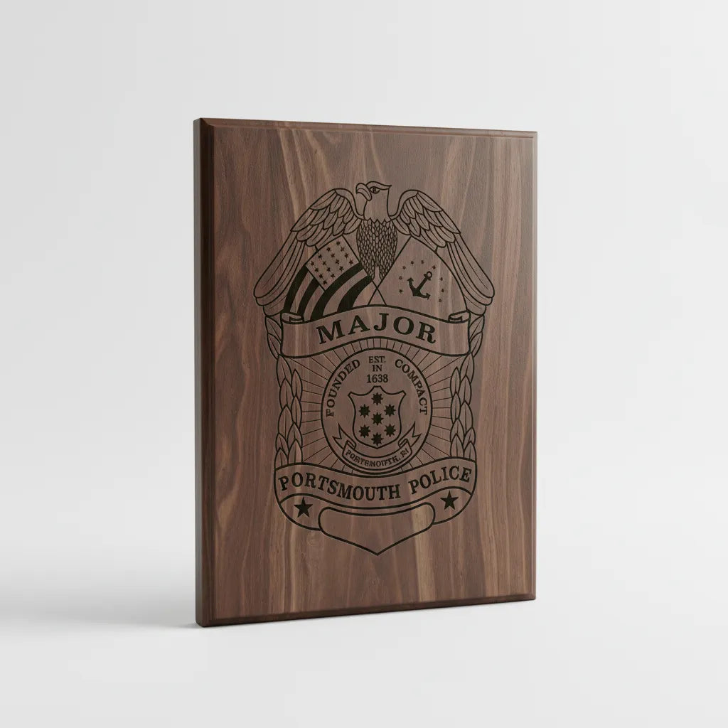 Wooden plaque with engraved Portsmouth Police badge and text on a white background