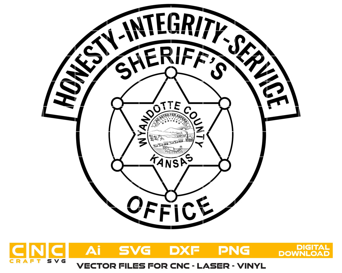 Wyandotte County Kansas Sheriff badge SVG vector with six-point star and state seal, detailed line art for laser engraving, CNC, plaques and printing.